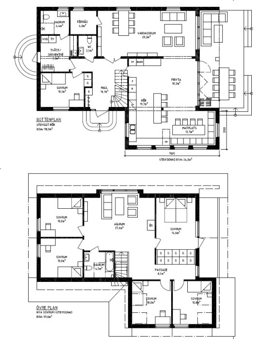 Arkitektonisk ritning i SketchUp av ett hus utan torn, visar bottenvåning och övervåning med mått och rumslayout.