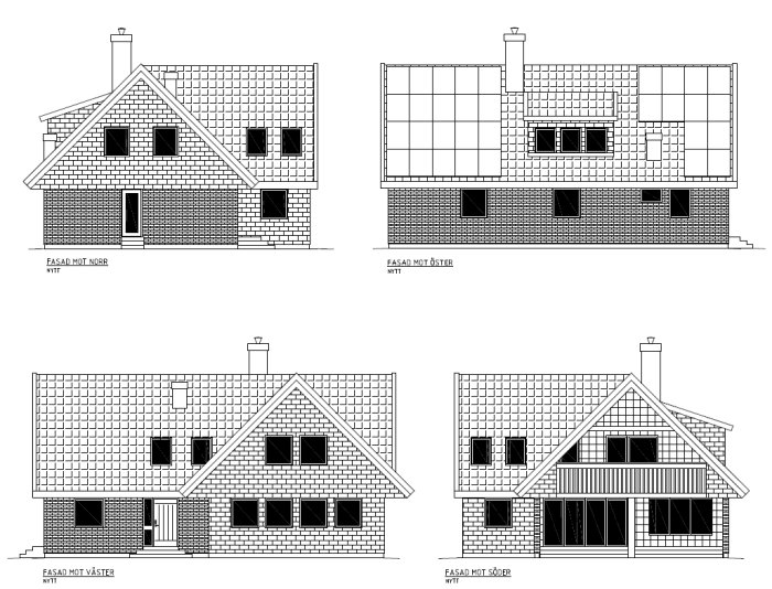 SketchUp-ritning av hus med fyra fasadvyer utan torn, nära grannens hus, i enlighet med detaljplan.