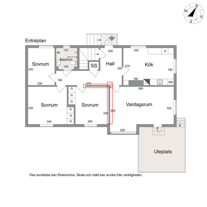 Planritning av ett hus med rödmarkerade väggar som användaren överväger att ta bort.