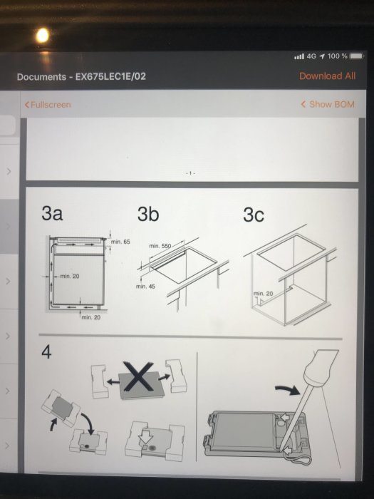 Installationsschema för ventilationsutskärning för häll, visar olika vinklar och mått, samt felaktig placering.