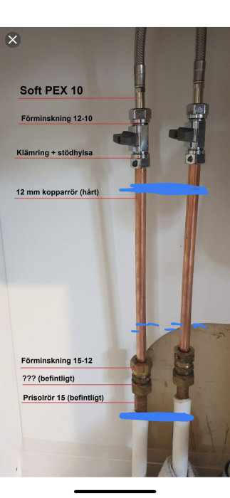 VVS-installation med två kopparrör, markerade platser för dubbel rörklammer i blått.