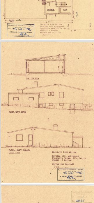 Bild på gamla arkitektritningar av ett hus med planlösning och fasadvyer.