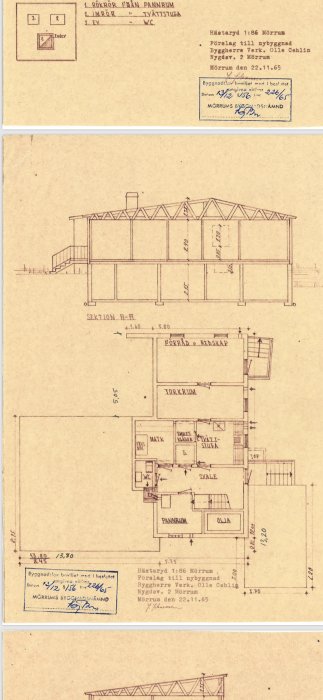 Gammal arkitektritning av ett hus med sektionsskiss och planlösning, daterad 22 november 1965.