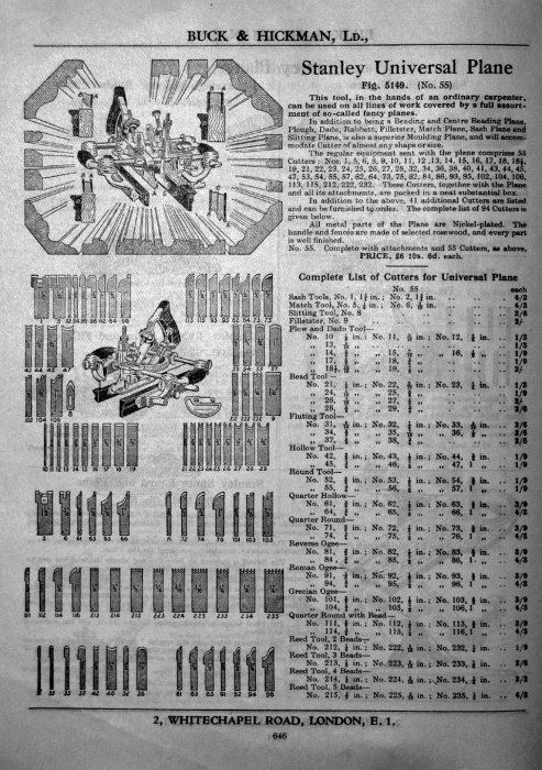 Gammal svartvit annons för Stanley Universal Plane, med bilder av hyvel och olika skärverktyg.