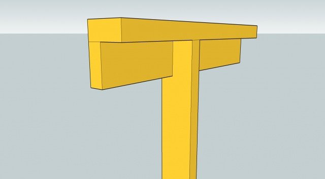 CAD-illustration av en träkonstruktion där ett horisontellt hammarband korsas av en vertikal regel.