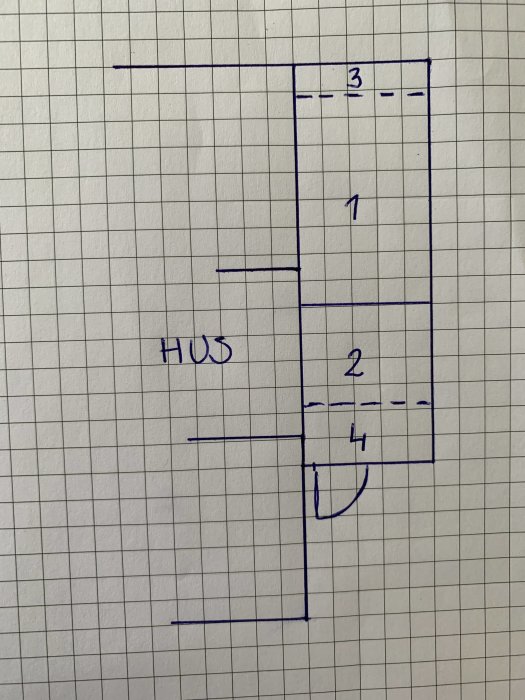 Handritad skiss av en husgrund med markerade delar 1 till 4 som representerar olika nivåer på golvet.