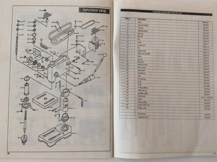 Exploded view-teckning av en borrpress och lista över reservdelar.