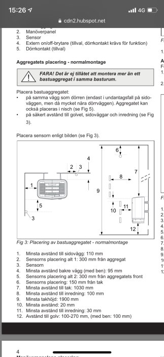 Installationsschema för bastuaggregat med måttangivelser och sensorplacering.