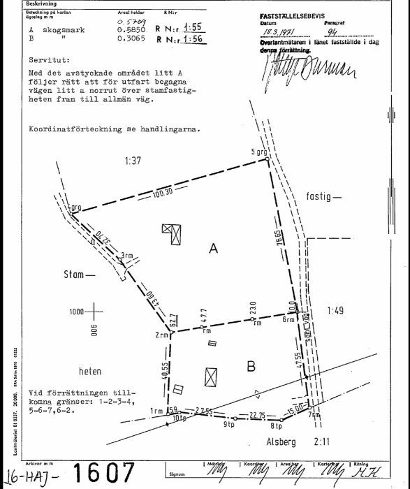 Svartvitt avstyckningsdokument med tekniska mått, beteckningar och handskrivna noteringar som visar uppdelningen av tomter A och B.