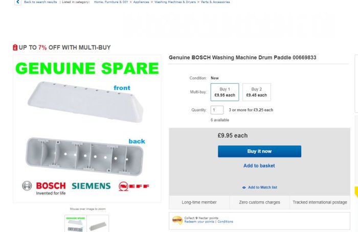 Bosch tvättmaskinstrumla paddel till försäljning på eBay, visas framifrån och bakifrån.
