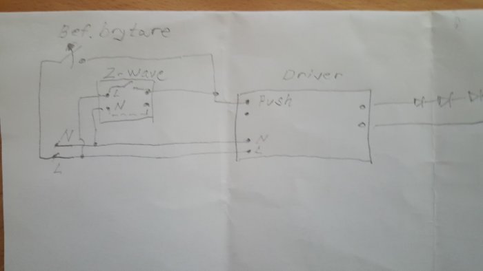 Handritad skiss av en elektrisk koppling med Z-wave och driver för en befintlig brytare.
