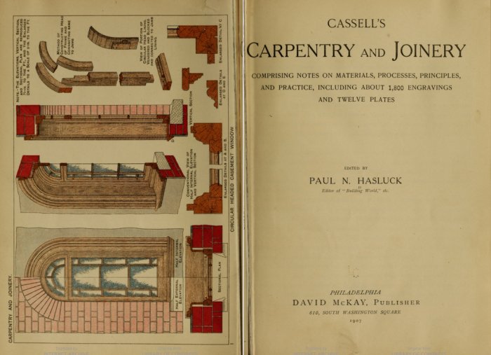 Uppslagen sida från boken "Cassell's Carpentry and Joinery" med illustrerade konstruktionsdetaljer.