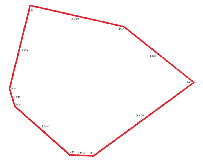 Oregelbunden femkantig tomtyta med angivna mått och vinklar i bild.
