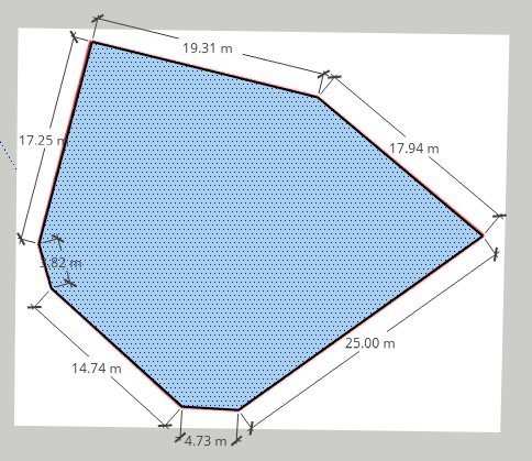 Ritning av en oregelbunden sexhörning med angivna sidmått, inklusive den längsta sidan som är 25 meter.