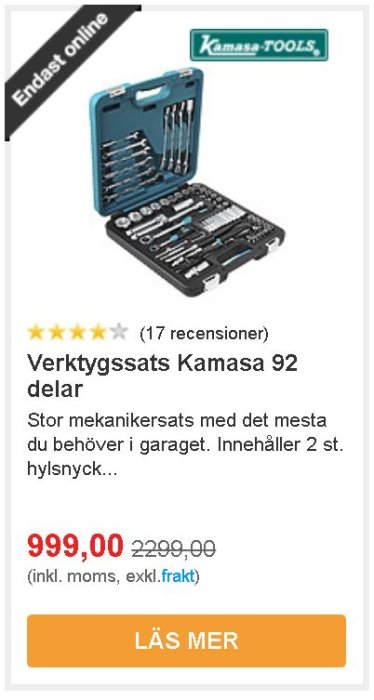 Kamasa 92-delars verktygssats i öppen blå väska med rabatterat pris och LÄS MER knapp.