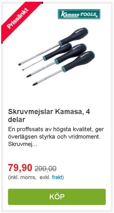 Kampanj för Kamasa skruvmejslar, 4 delar, med prisinformation, 'Prissänkt' skylt och 'Köp' knapp.