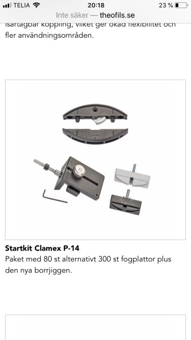 Startkit för Clamex P-14 med demonterbara fogplattor, borrjigg och nyckel för möbelsnickeri.