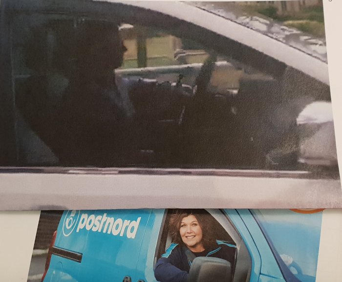 Jämförelse mellan en suddig bild av en bilkörning och en tydlig reklambild för PostNord.