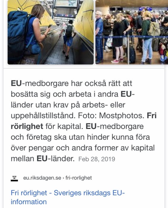 Människor på en rulltrappa och en folkmassa som väntar i kö, illustrerar fri rörlighet inom EU.