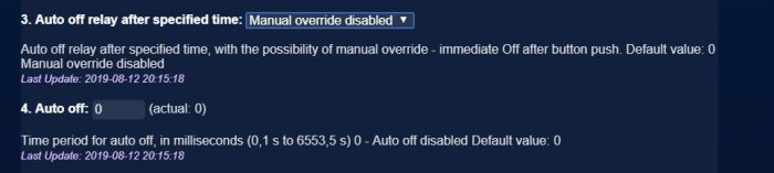 Skärmdump av inställningar för 'Auto off relay' och 'Auto off' med tidsangivelser för FGS212.