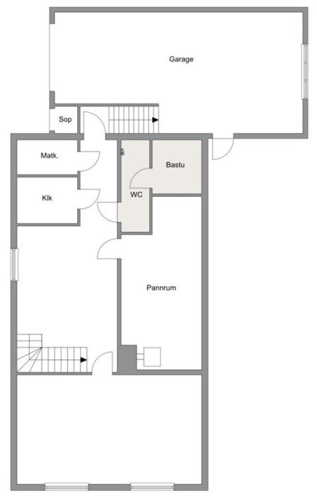 Planlösning för källaren i ett 70-talshus, med utmärkta utrymmen såsom garage, bastu, WC, och pannrum.