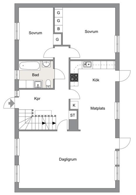 Planlösning för plan 1 av en villa med kök, matplats, vardagsrum, badrum och två sovrum.