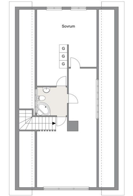 Arkitektonisk ritning av en husvåning som visar planlösning för ett sovrum med garderober och ett angränsande badrum.