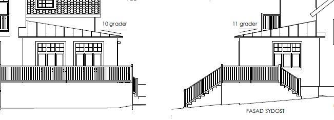 Ritning av husets fasad med vinklar angivna, sett framifrån och från sydostsidan.