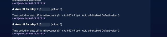 Skärmdump av inställningar för FGS222 eller FGS223 med val för "Auto off" för relay 1 och 2.