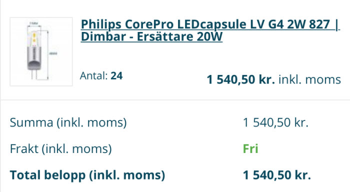 Skärmdump som visar 24 Philips CorePro LEDcapsule G4 lampor, med priset 1540,50 kr inkl. moms och fri frakt.