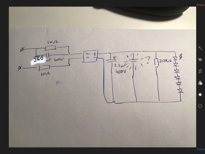Handritat kretsschema över en LED-lampa med komponenter och spänningsvärden markerade.