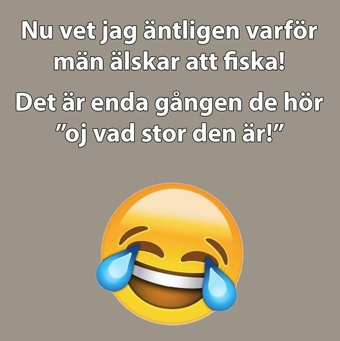 Meme med texten "Nu vet jag äntligen varför män älskar att fiska! Det är enda gången de hör 'oj vad stor den är!'" och ett skrattande emoji.