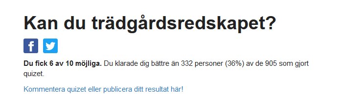 Quizresultat med text som visar 6 av 10 rätt svar, omgiven av knappar för delning på sociala medier.