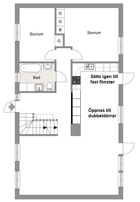 Skiss av husets planlösning med markerade förändringar, inklusive omvandling av fönster till dubbeldörrar och fast fönster.