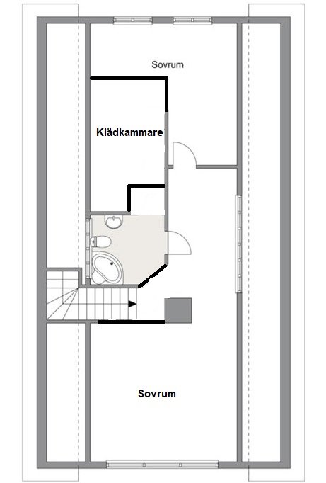 Planritning av övre våningsplan med två sovrum, en klädkammare och ett större badrum.