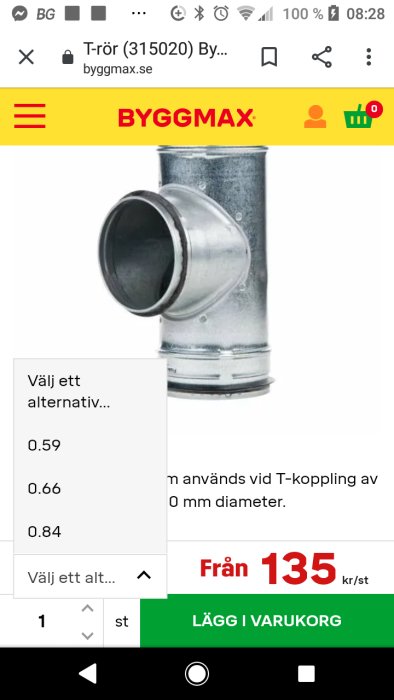 Galvaniserat T-rör för ventilationsrör med 135 mm diameter på byggproduktwebbplats.