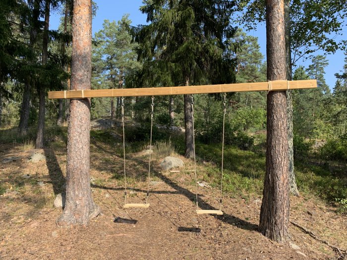 Träbalk 45x120 installerad mellan två träd med rep och gungor, utan skruvar i träden.
