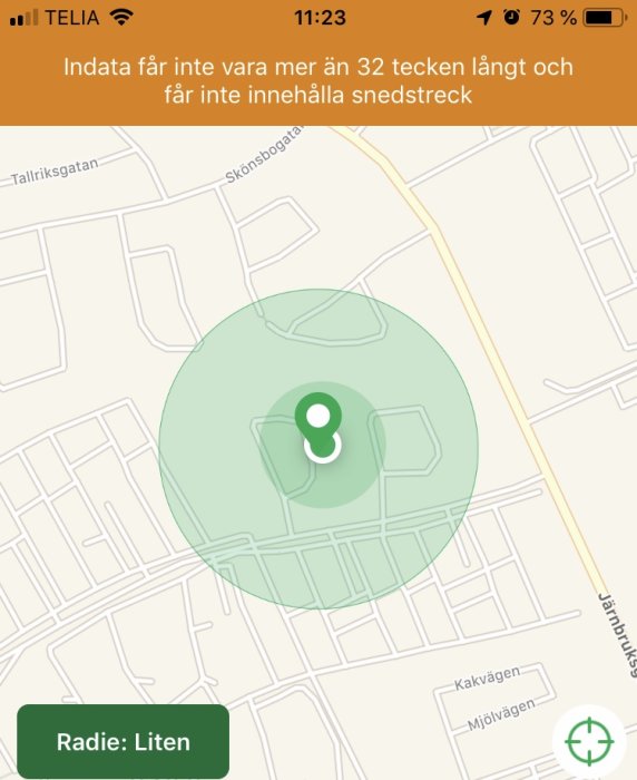 Skärmdump av geofencing-problem med felmeddelande och inställning för liten radie på kartapp.