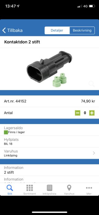 En svart kontakt med 2 stiftpinnar med artikelnummer 44152 och gröna tätningselement, visas i en webbshop.