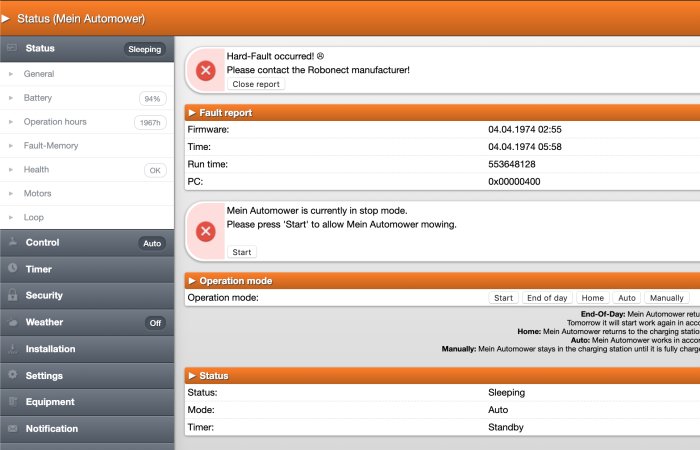 Skärmdump av gräsklipparrobotens status med felmeddelande och uppmaning till firmware-uppdatering.