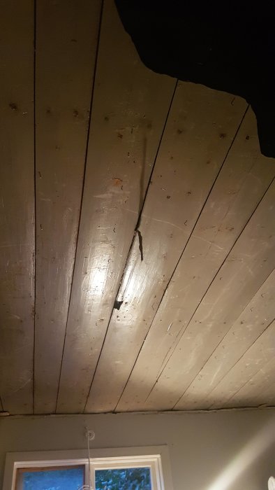 Träpaneltak med märken och springor i ett äldre torp, delvis avlägsnat masonitskikt synligt.