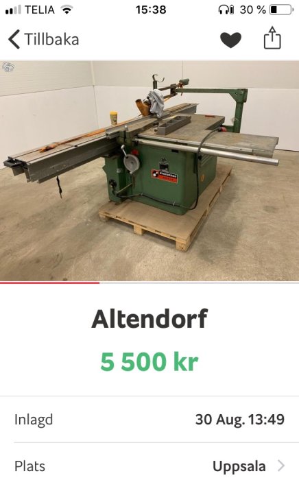 Altendof justersåg för 5500 kr på pall i verkstadsmiljö.