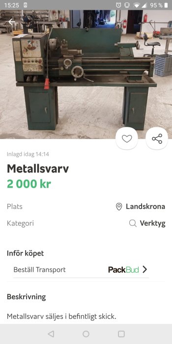 Begagnad metallsvärv i verkstadsmiljö, prissatt till 2 000 kr, till salu i Landskrona.