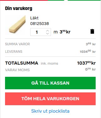 Skärmdump av Byggmax varukorg med en läkt i korgen och totalpriset visas, men inga detaljerade produktinformationer.