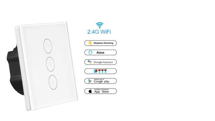 Smart ljusströmbrytare med touchpanel och ikoner för WiFi, dimning, Alexa, Google Assistant, Google Play och App Store.