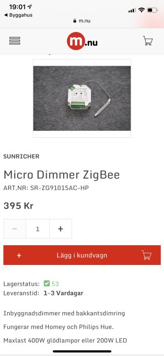 Micro Dimmer ZigBee från Sunricher på grå bakgrund, visas för integration med smarta hemsystem som Homey och Philips Hue.