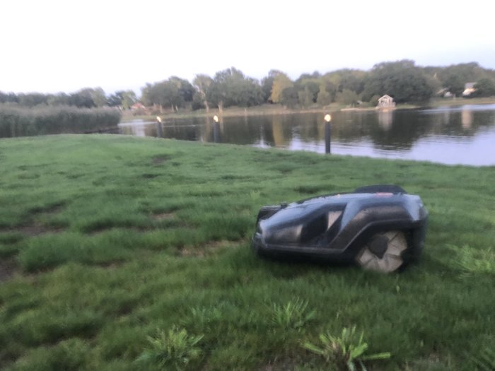 Robotgräsklippare på en gräsmatta nära en sjö i skymningen.