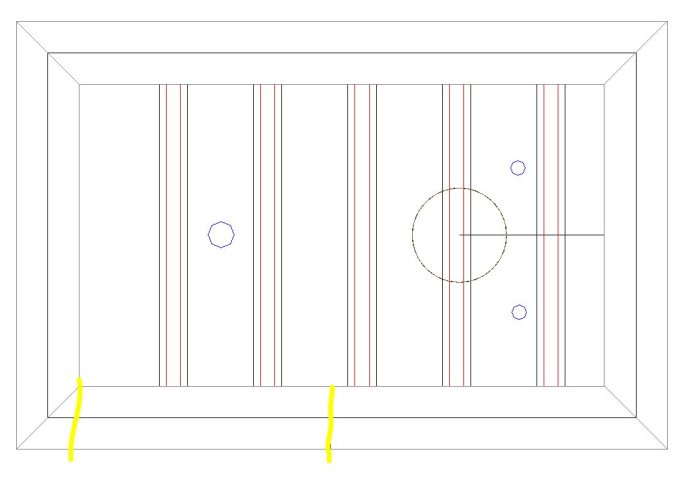 Schematisk ritning av ett duschrum med markerade sekundärreglar och föreslagen placering av belysning.