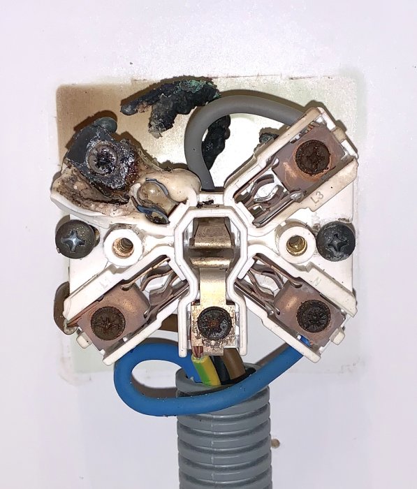 Rostiga och brända skruvar på ett öppnat elektriskt vägguttag, indikerar skada eller fel.