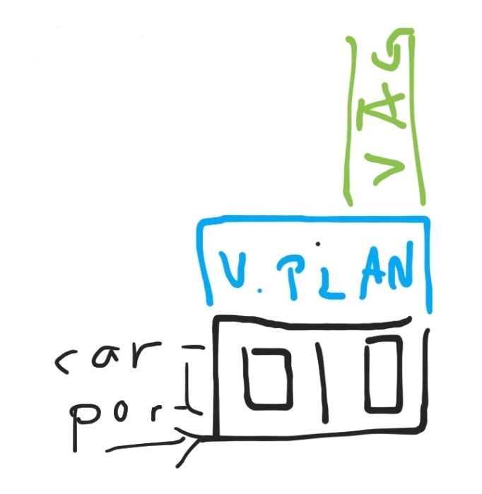 Enkel handritad skiss visar layout för carport med intilliggande vändplan och väg.